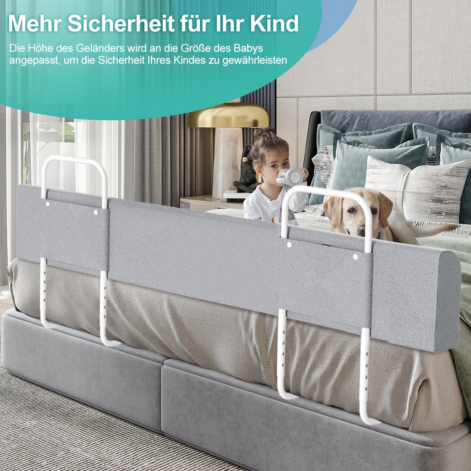 Kinderbettgitter, 150/180/200 cm, Sicherheitsgitter für Babybetten, in 5 Stufen höhenverstellbar, weiches Gitter zum Schutz vor Stürzen, geeignet für Familienbetten und Babybetten, grau
