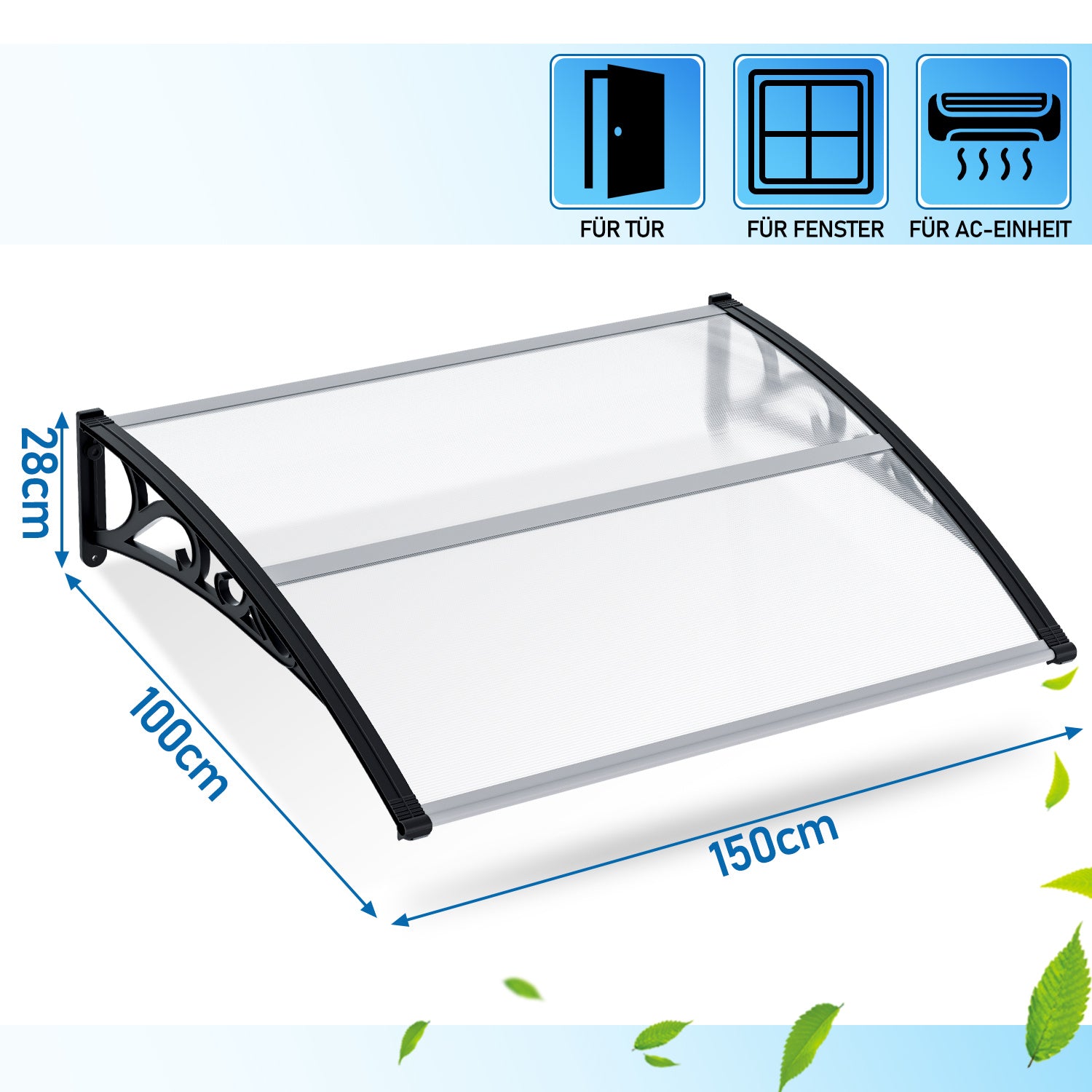 Vordach für Außentüren, transparente PC-Platten + schwarze Verstärkungsstreben, 6 mm dick, einseitig geneigtes, gewölbtes Vordach, schützt vor Sonne und Regen, vier Größen: 120 cm / 150 cm / 200 cm / 300 cm
