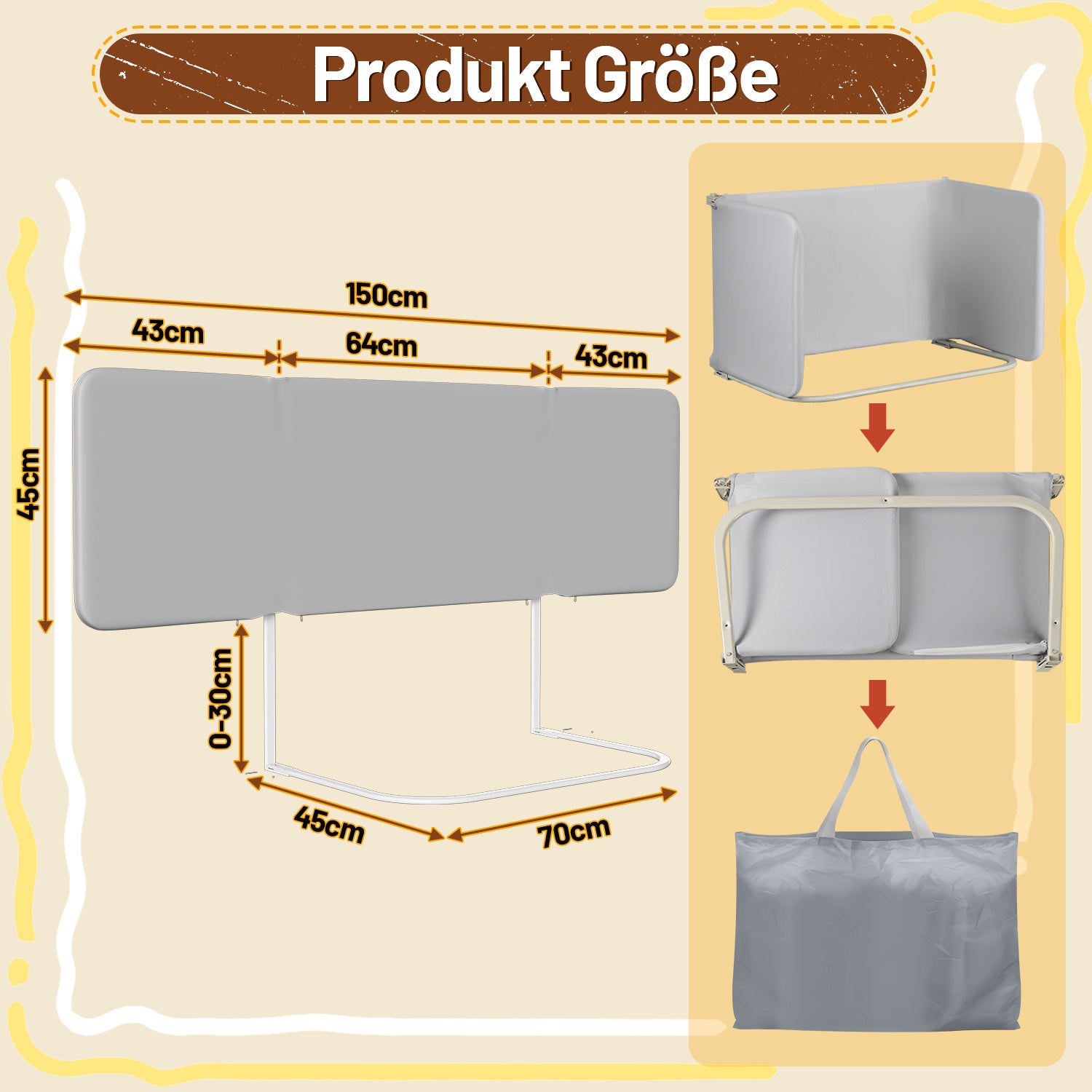 Bettgitter mit Absturzsicherung, tragbares Bettgitter, höhenverstellbar | Zusammenklappbares Bettgitter mit Sicherheitsgurt und Aufbewahrungstasche, geeignet für Babybetten und Elternbetten, Montage ohne Werkzeug, 120/150/180 cm