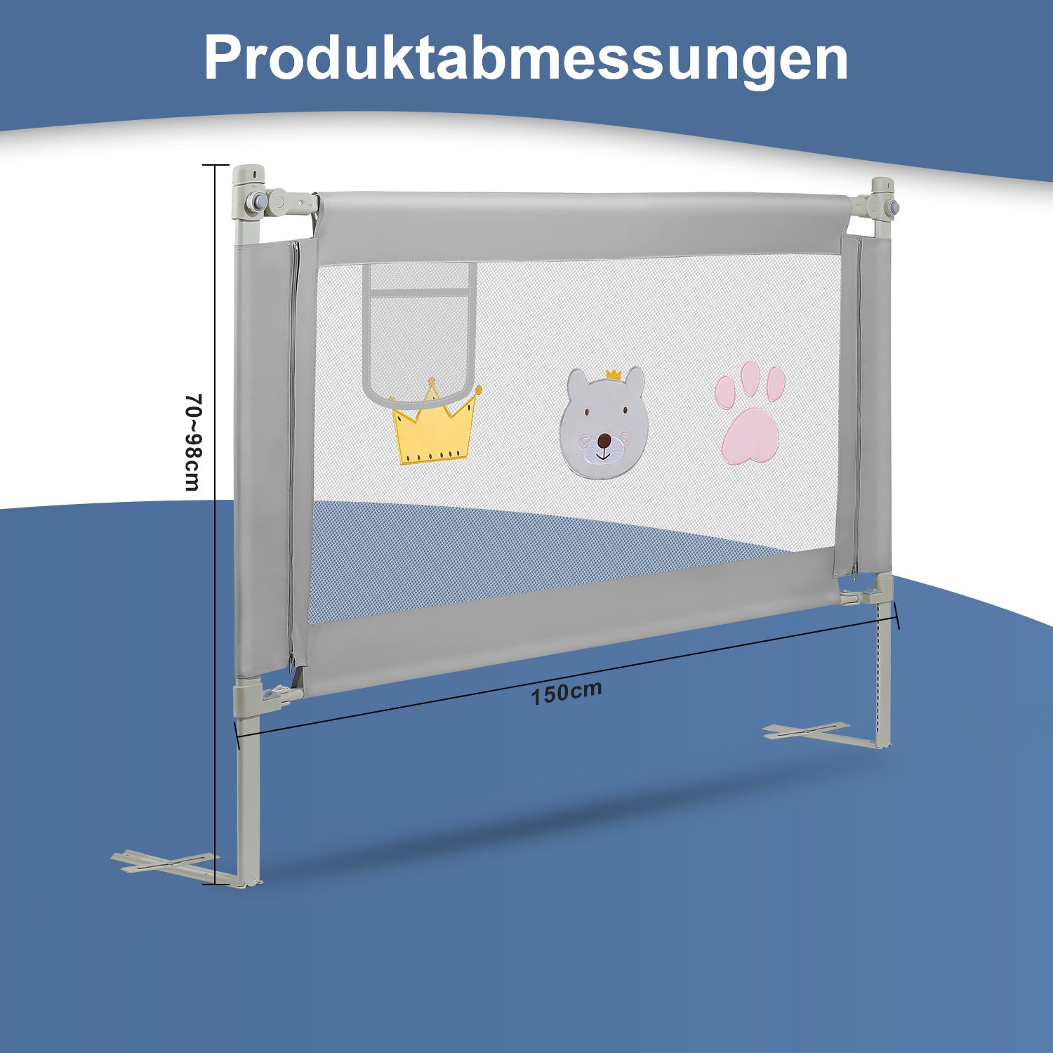 150/180/200 cm, zusammenklappbares Kinderbettgitter, höhenverstellbar von 70 bis 98 cm, Absturzsicherung, einfache Montage, graue Steppoptik