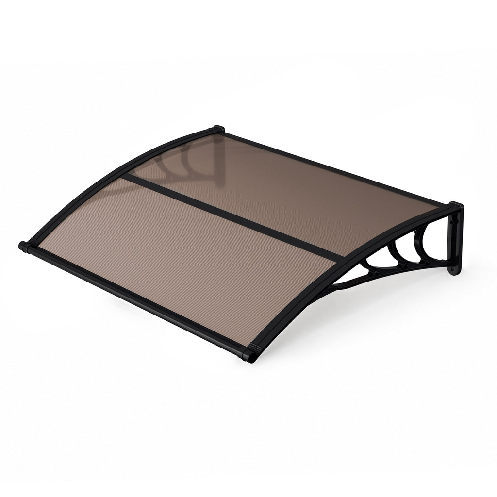 Vordach für Außentüren, halbtransparente, braune PC-Platten + schwarze Verstärkungsstreben, vergrößerte Regenrinne, einseitig geneigtes, gewölbtes Vordach, schützt vor Sonne und Regen, vier Größen: 120 cm / 150 cm / 200 cm / 300 cm