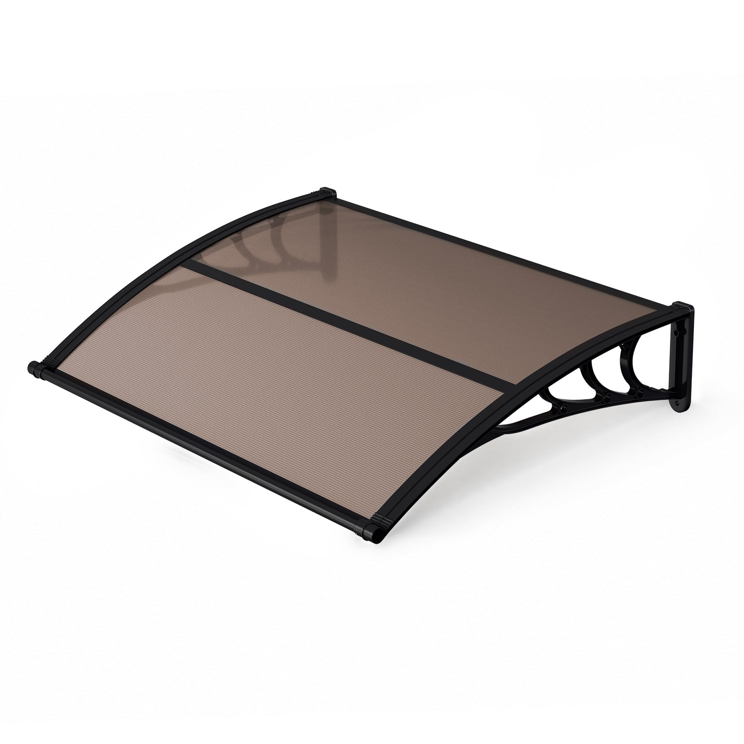 Vordach für Außentüren, halbtransparente, braune PC-Platten + schwarze Verstärkungsstreben, vergrößerte Regenrinne, einseitig geneigtes, gewölbtes Vordach, schützt vor Sonne und Regen, vier Größen: 120 cm / 150 cm / 200 cm / 300 cm