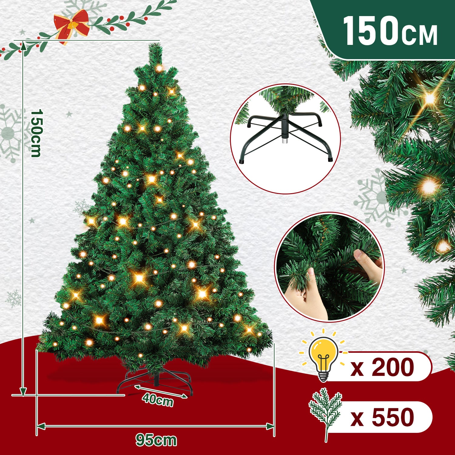 Künstlicher Weihnachtsbaum, 120–210 cm, mit Metallfuß und Lichterkette, 8 verschiedene Beleuchtungsmodi, hochwertiger künstlicher Weihnachtsbaum, für den Innen- und Außenbereich geeignet