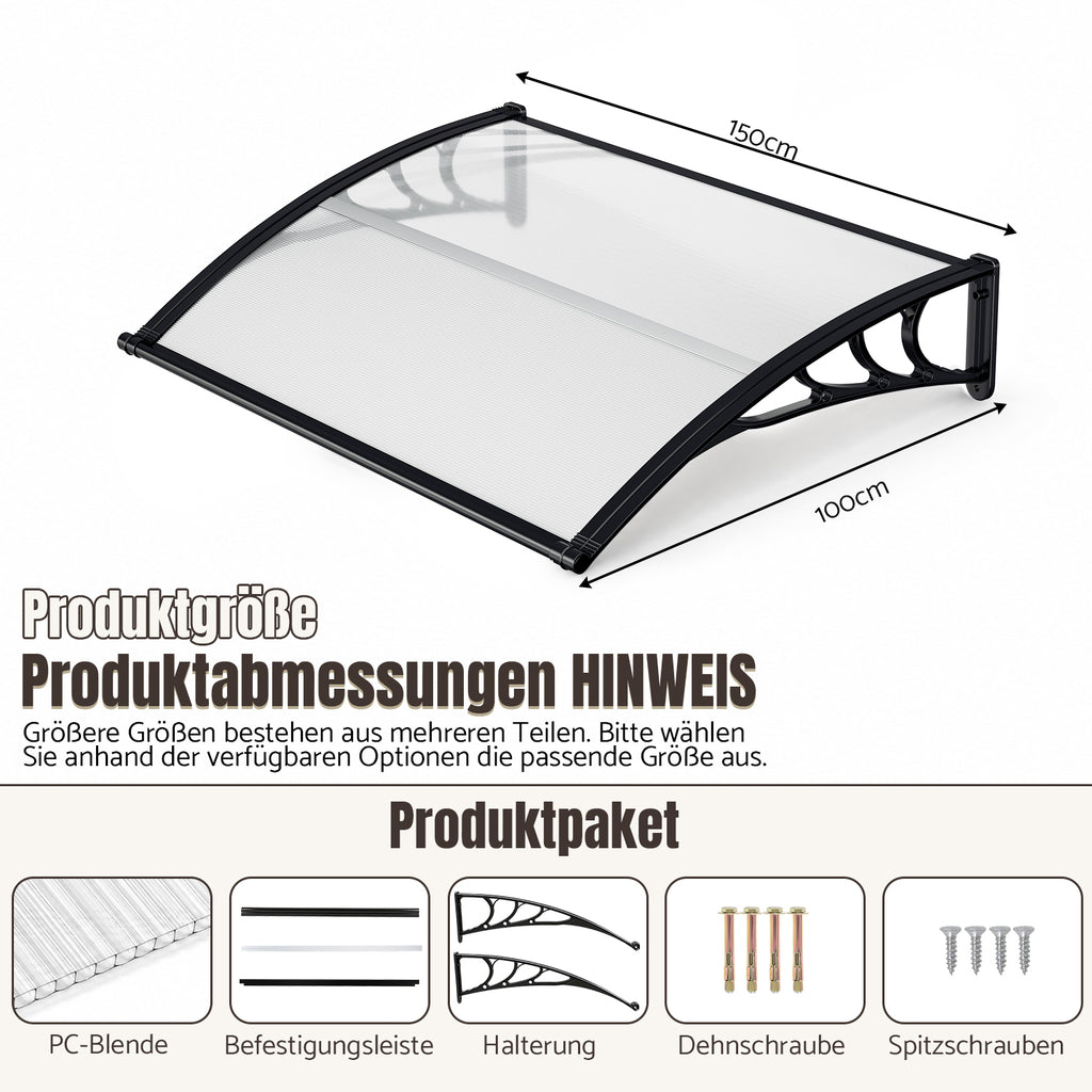 Vordach für Außentüren, mit vergrößerter Regenrinne, einseitig geneigtes, gewölbtes Vordach, schützt vor Sonne und Regen, vier Größen: 120 cm / 150 cm / 200 cm / 300 cm