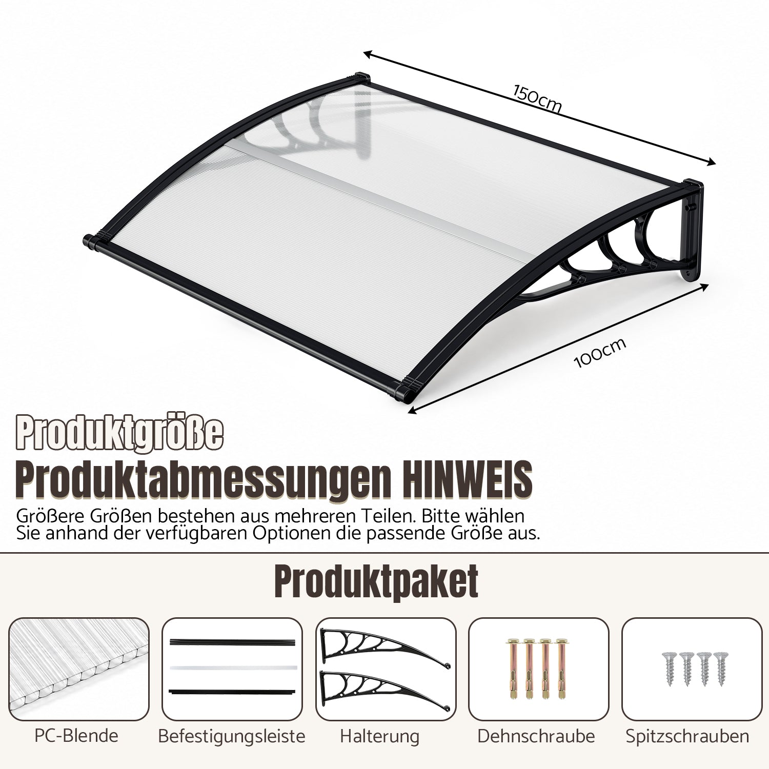 Vordach für Außentüren, mit vergrößerter Regenrinne, einseitig geneigtes, gewölbtes Vordach, schützt vor Sonne und Regen, vier Größen: 120 cm / 150 cm / 200 cm / 300 cm