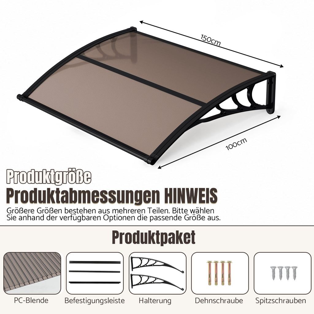 Vordach für Außentüren, halbtransparente, braune PC-Platten + schwarze Verstärkungsstreben, vergrößerte Regenrinne, einseitig geneigtes, gewölbtes Vordach, schützt vor Sonne und Regen, vier Größen: 120 cm / 150 cm / 200 cm / 300 cm