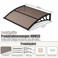 Vordach für Außentüren, halbtransparente, braune PC-Platten + schwarze Verstärkungsstreben, vergrößerte Regenrinne, einseitig geneigtes, gewölbtes Vordach, schützt vor Sonne und Regen, vier Größen: 120 cm / 150 cm / 200 cm / 300 cm