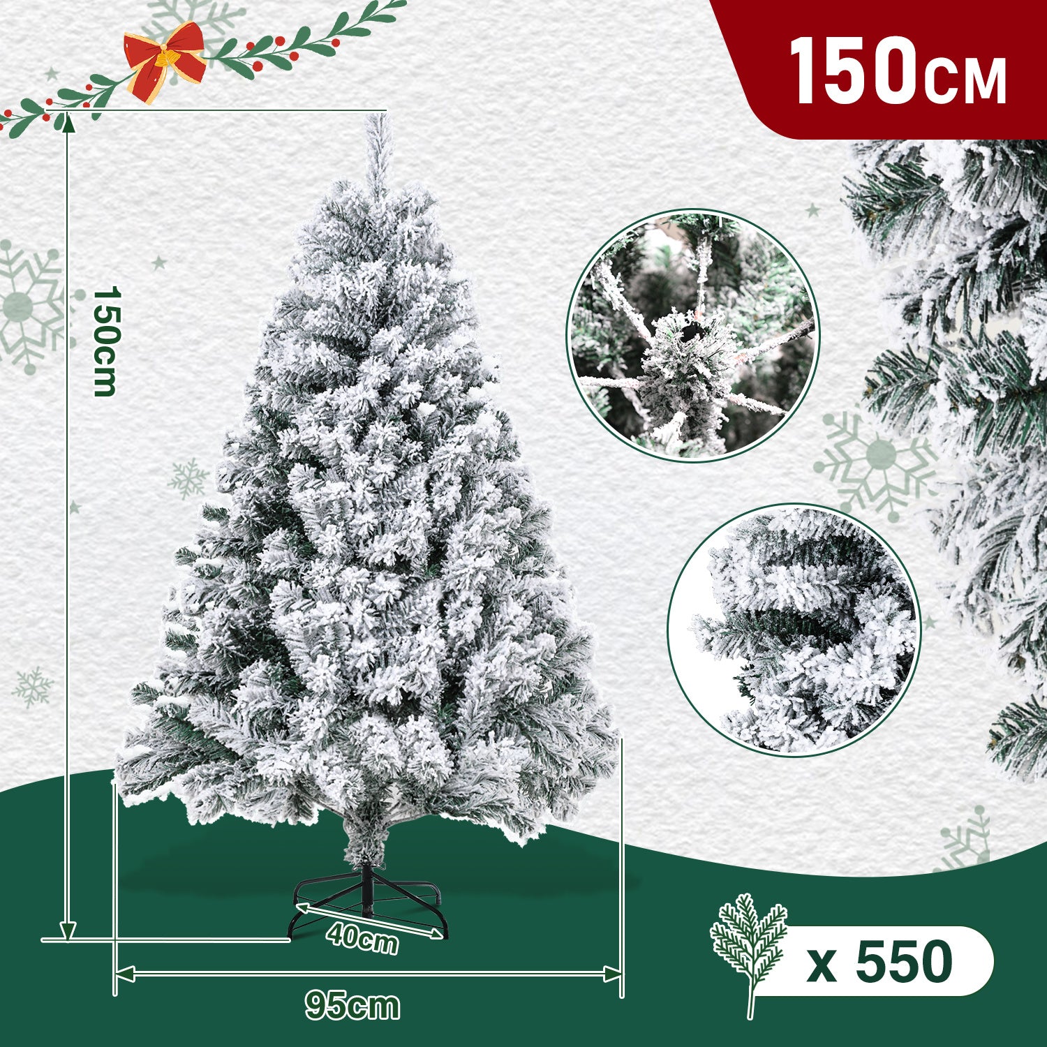 Künstlicher Weihnachtsbaum mit Schneeeffekt, 120/150/180 cm – aus PVC, mit 340/550/860 Zweigen, inklusive Metallfuß und Schnellmontagesystem, geeignet für festliche Weihnachtsdekoration