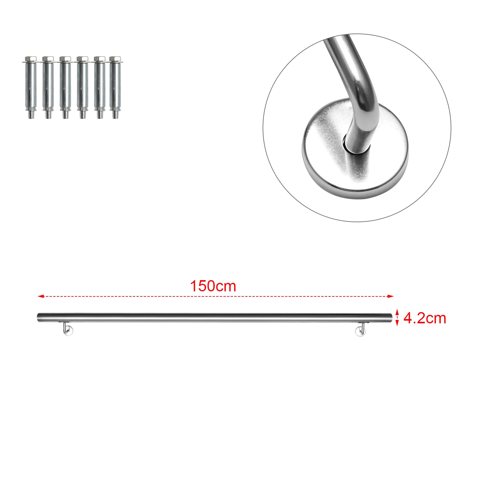 Geländer Treppengeländer, Edelstahl Handlauf, Wandhandlauf Innen & Außen, inkl. Wandhalterung und Endkappen, Rund Ø42mm, Treppe Wandhalter Haltegriff Stange