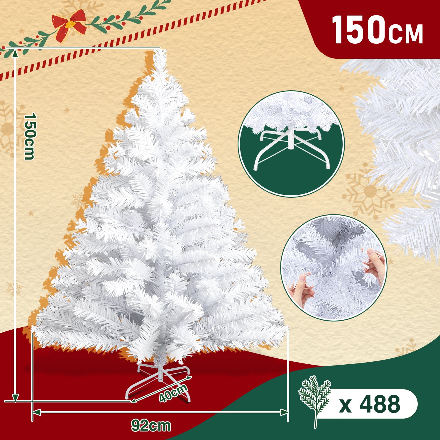 120–210 cm großer künstlicher Weihnachtsbaum aus Kunststoff, künstlicher Weihnachtsbaum, mit 16 cm langen Zweigen, schnell aufzubauen, zusammenklappbar, flammhemmend, inklusive Ständer aus Kunststoff/Metall, weiß/grün