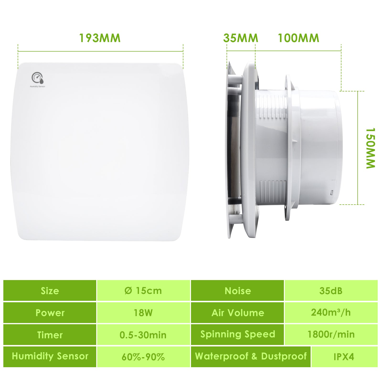 100/150-mm-Badventilator mit Feuchtigkeitssensor und Nachlauffunktion; automatischer Ventilator für Badezimmer, Küchen und fensterlose Räume, weiß