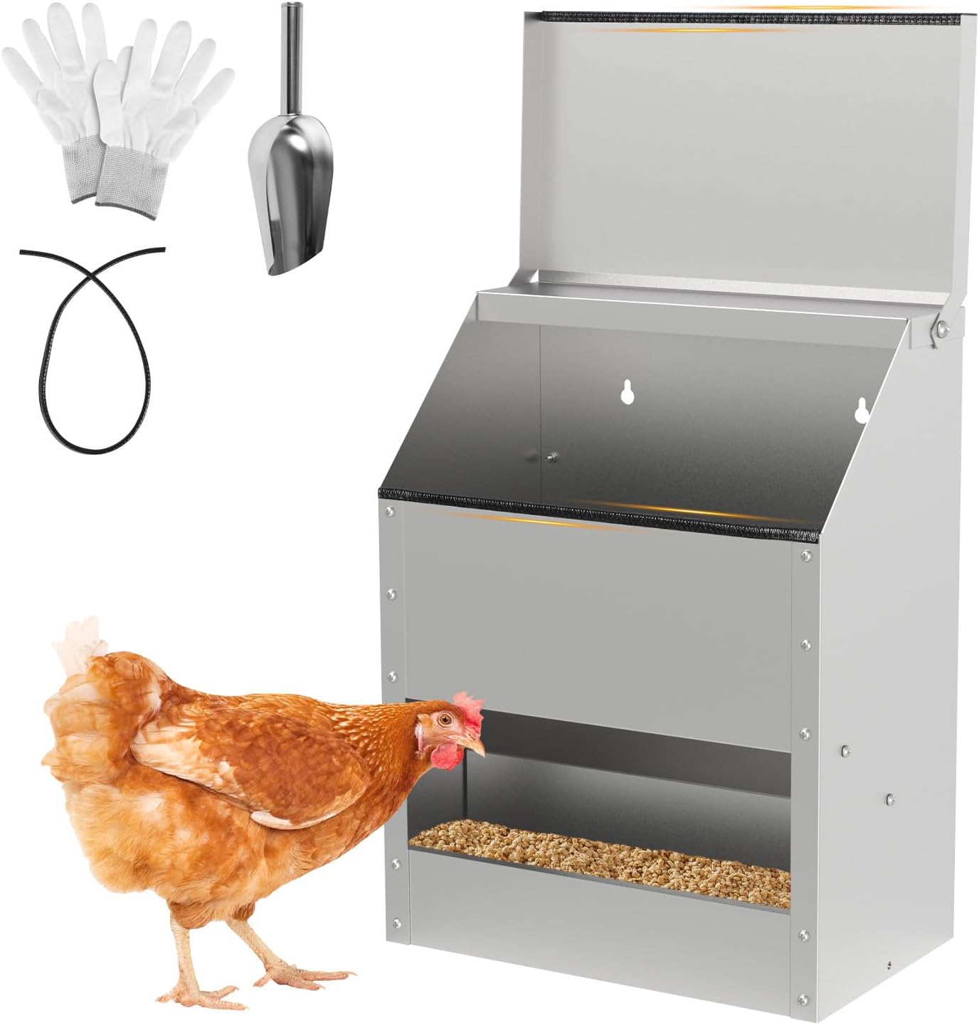 Verzinkter Stahl-Hühnerfuttertrog mit Deckel und Wandhalterung, geeignet als Futtertrog für Hühner, Enten und anderes Geflügel, inklusive Handschuhen, Futterschaufel und Pickschutzleiste