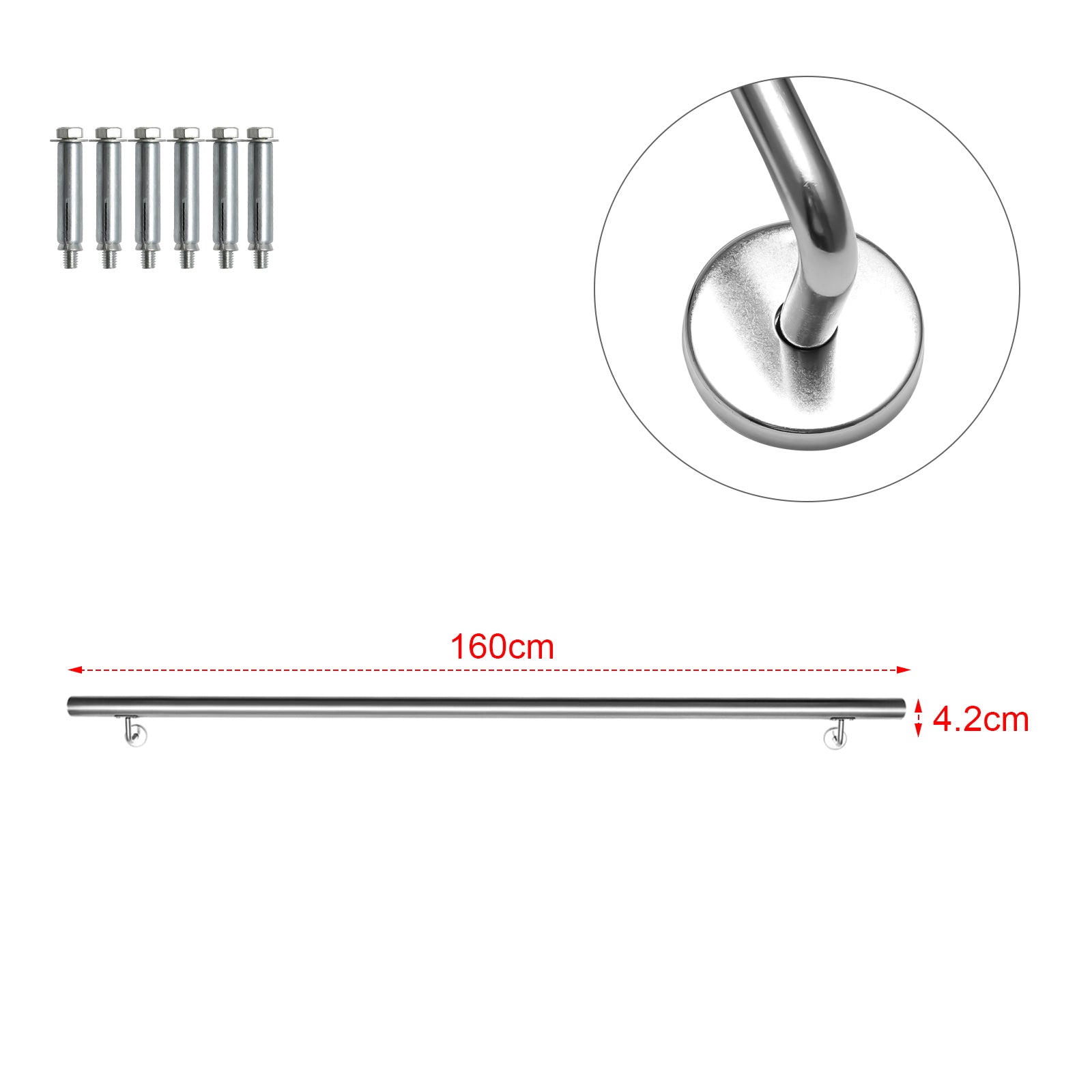 Geländer Treppengeländer, Edelstahl Handlauf, Wandhandlauf Innen & Außen, inkl. Wandhalterung und Endkappen, Rund Ø42mm, Treppe Wandhalter Haltegriff Stange