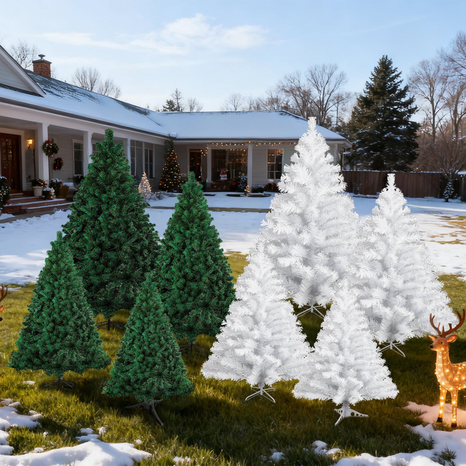 120–210 cm großer künstlicher Weihnachtsbaum aus Kunststoff, künstlicher Weihnachtsbaum, mit 16 cm langen Zweigen, schnell aufzubauen, zusammenklappbar, flammhemmend, inklusive Ständer aus Kunststoff/Metall, weiß/grün