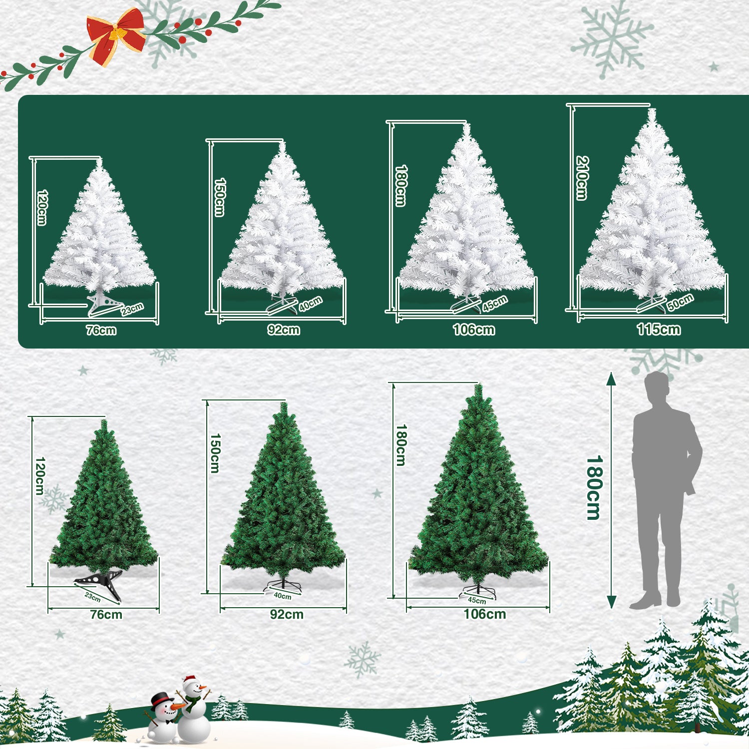120–210 cm großer künstlicher Weihnachtsbaum aus Kunststoff, künstlicher Weihnachtsbaum, mit 16 cm langen Zweigen, schnell aufzubauen, zusammenklappbar, flammhemmend, inklusive Ständer aus Kunststoff/Metall, weiß/grün
