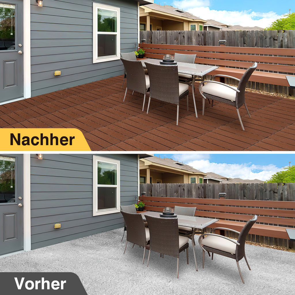 Terrassenfliesen aus Polypropylen, 30 x 30 cm, anthrazitgrau/rotbraun, Kunststoff | Witterungsbeständig, rutschfest, einfache Verlegung, geeignet für Terrassen, Balkone und Gärten, leicht zu reinigen, Kunststoffbodenbelag, 1–5 m²