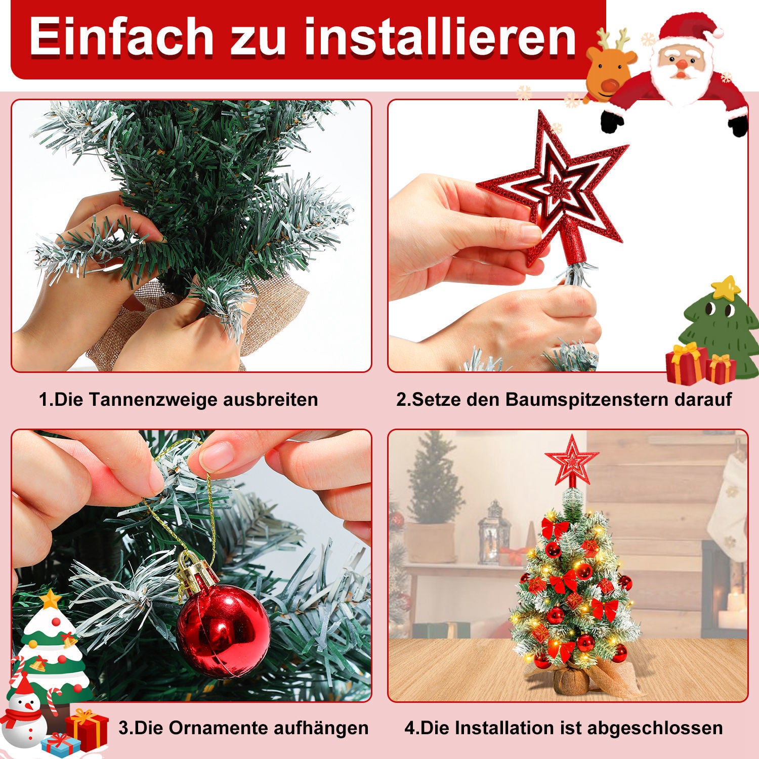 40 cm hoher Mini-Weihnachtsbaum mit LED-Beleuchtung, kleiner künstlicher Tannenbaum, Tannenbaum für den Tisch, mit roten, goldenen und silbernen Christbaumkugeln