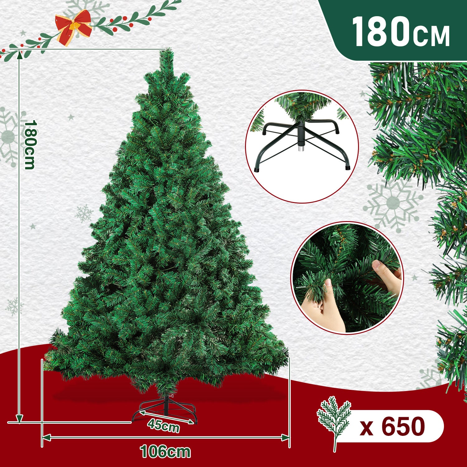 120–210 cm großer künstlicher Weihnachtsbaum aus Kunststoff, künstlicher Weihnachtsbaum, mit 16 cm langen Zweigen, schnell aufzubauen, zusammenklappbar, flammhemmend, inklusive Ständer aus Kunststoff/Metall, weiß/grün