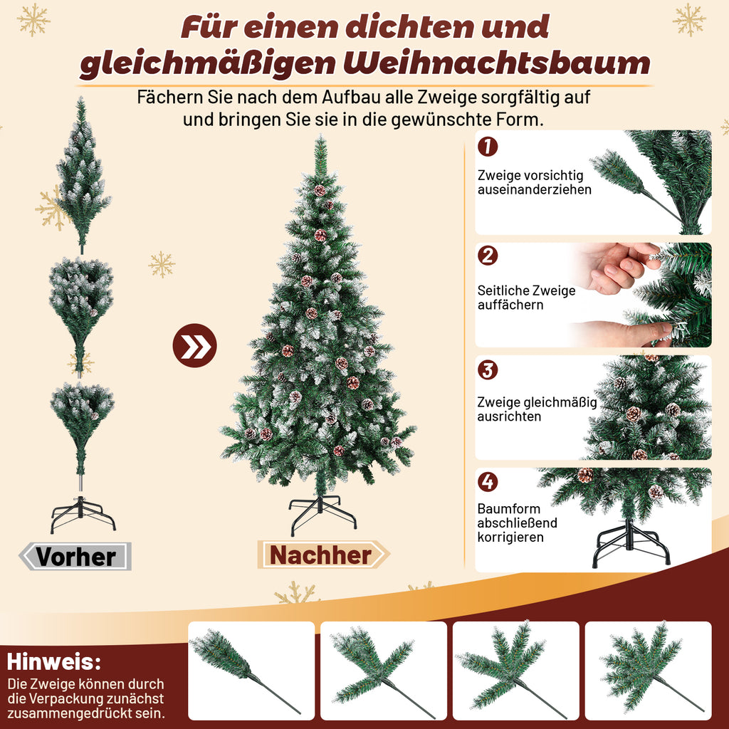 Weihnachtsbaum mit Tannenzapfen, 120/150/180/210 cm; 15 cm lange PVC-Zweige; künstliche Tanne mit Schneelandschaft; inklusive Ständer, einfach aufzubauen, zerlegbar und platzsparend verstaubar