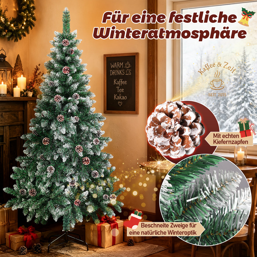 Weihnachtsbaum mit Tannenzapfen, 120/150/180/210 cm; 15 cm lange PVC-Zweige; künstliche Tanne mit Schneelandschaft; inklusive Ständer, einfach aufzubauen, zerlegbar und platzsparend verstaubar