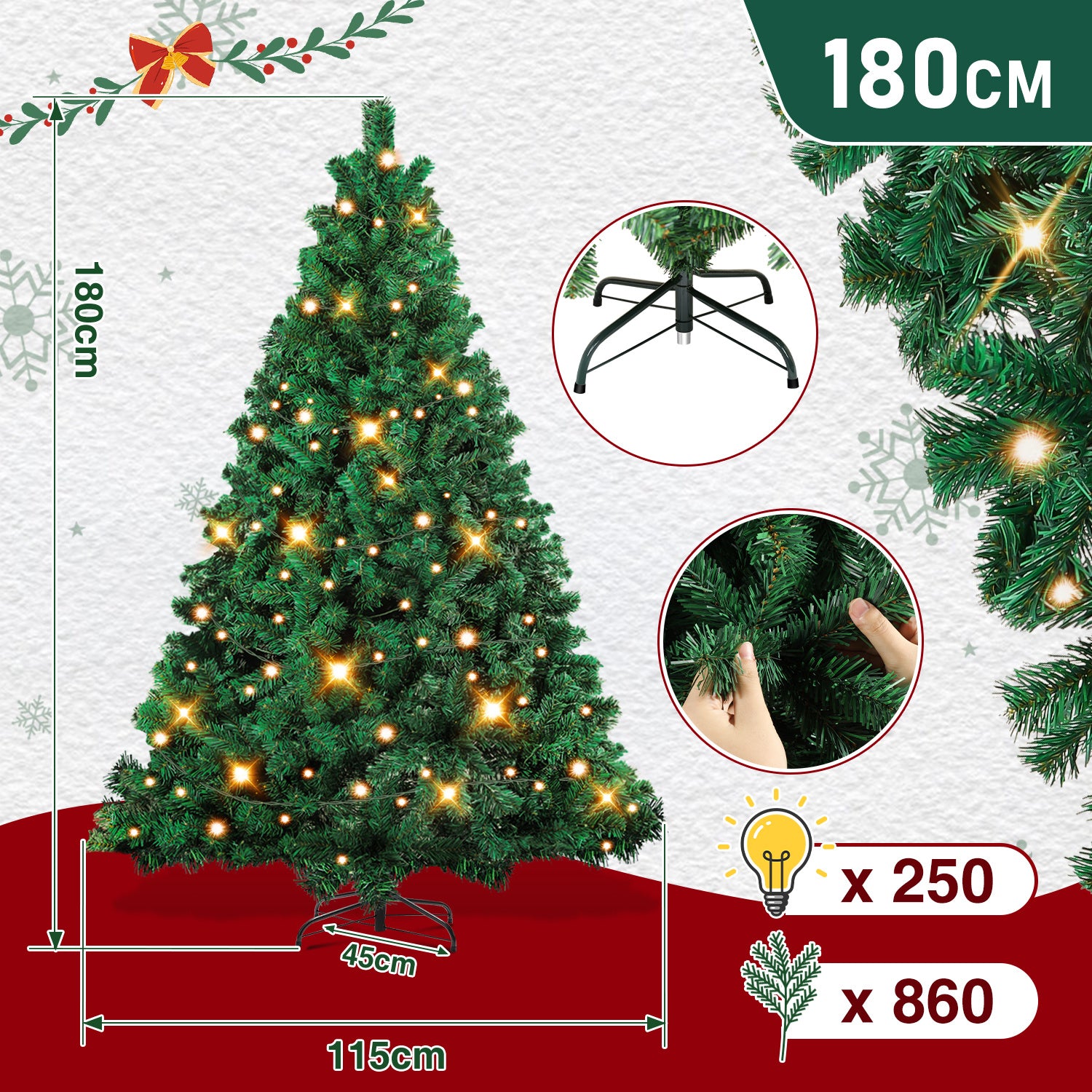 Künstlicher Weihnachtsbaum, 120–210 cm, mit Metallfuß und Lichterkette, 8 verschiedene Beleuchtungsmodi, hochwertiger künstlicher Weihnachtsbaum, für den Innen- und Außenbereich geeignet