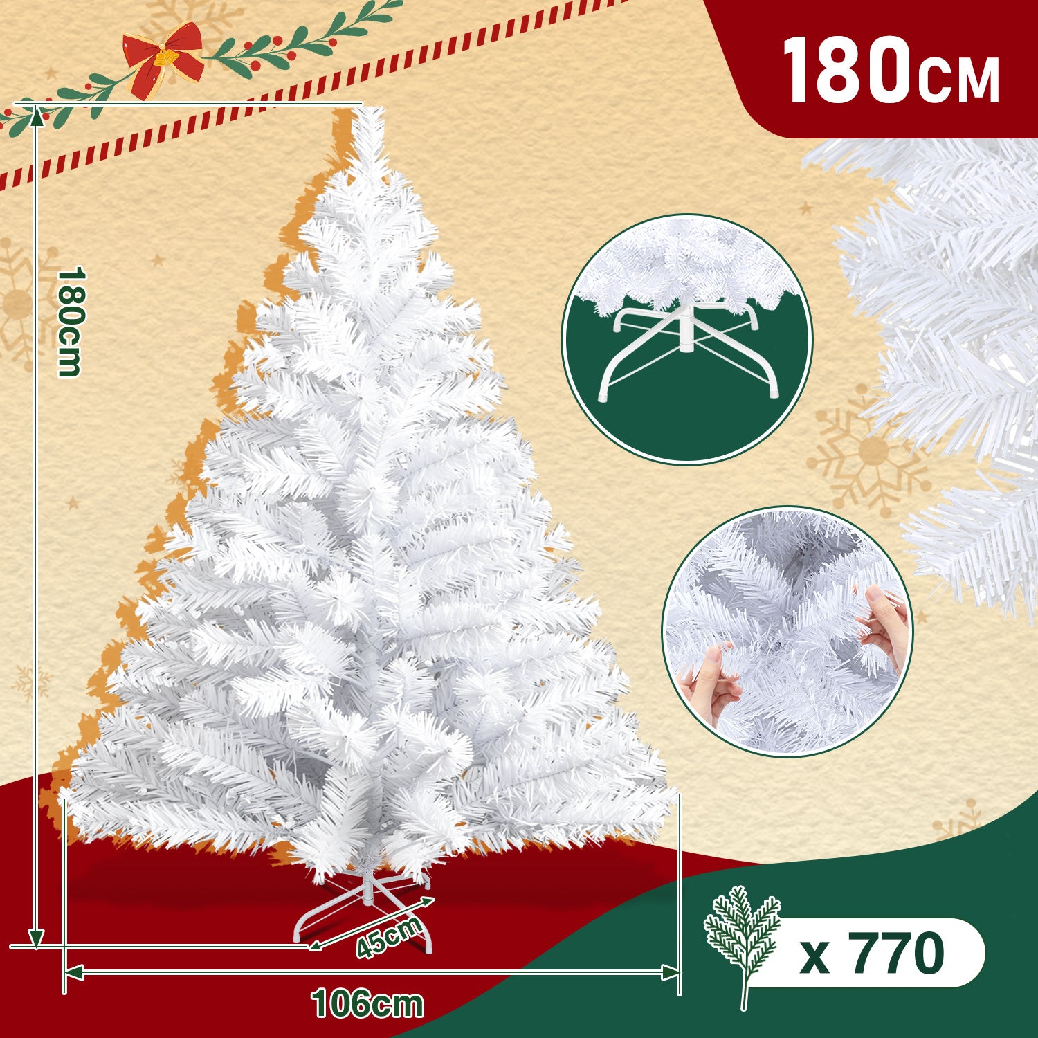 120–210 cm großer künstlicher Weihnachtsbaum aus Kunststoff, künstlicher Weihnachtsbaum, mit 16 cm langen Zweigen, schnell aufzubauen, zusammenklappbar, flammhemmend, inklusive Ständer aus Kunststoff/Metall, weiß/grün