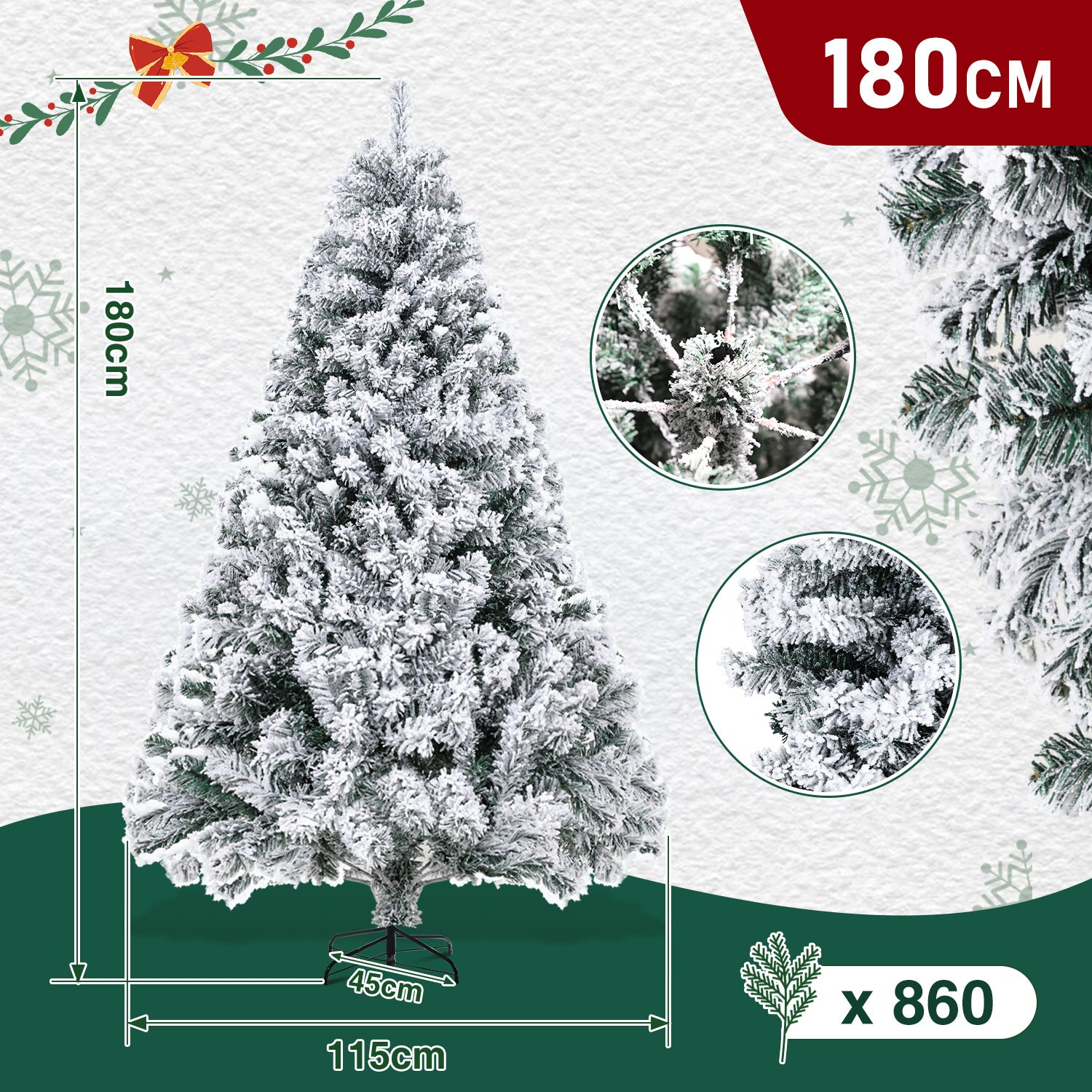 Künstlicher Weihnachtsbaum mit Schneeeffekt, 120/150/180 cm – aus PVC, mit 340/550/860 Zweigen, inklusive Metallfuß und Schnellmontagesystem, geeignet für festliche Weihnachtsdekoration