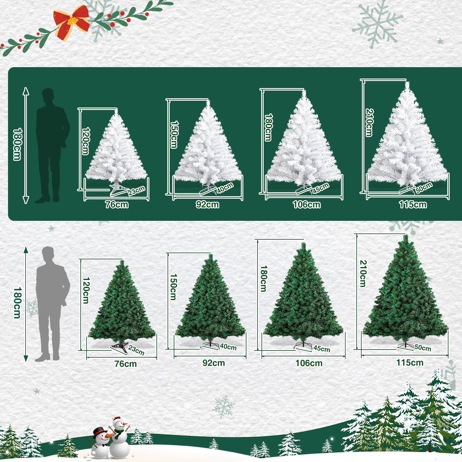 120–210 cm großer künstlicher Weihnachtsbaum aus Kunststoff, künstlicher Weihnachtsbaum, mit 18 cm langen Zweigen, schnell aufzubauen, zusammenklappbar, flammhemmend, inklusive Ständer aus Kunststoff/Metall, weiß/grün