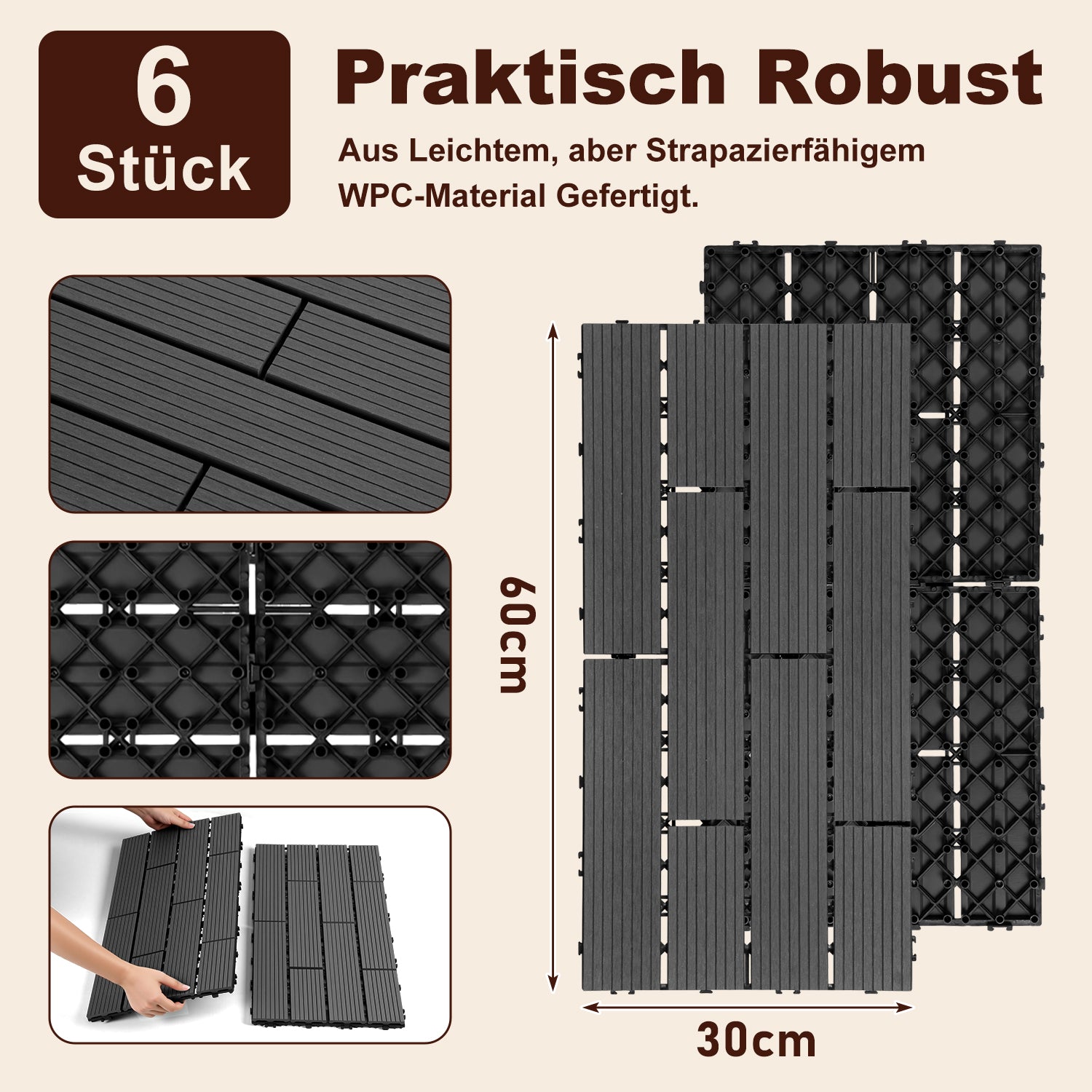 30 x 60 cm WPC-Terrassenfliesen , Klick-Verlegesystem, Teakholzfarben/Rotbraun/Dunkelgrau, 1–5 m² | WPC-Fliesen, Balkonfliesen, witterungsbeständige Platten mit Entwässerungsfunktion, einfache Verlegung, geeignet für Terrassen, Balkone und Gärten