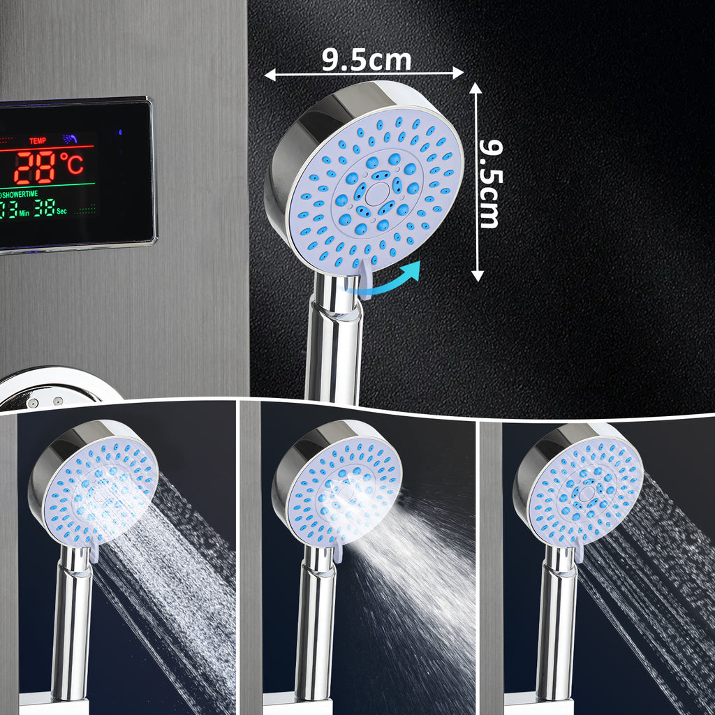 Duschpaneel mit Wasserhahn, 5 Funktionen, Edelstahl-Duschpaneel mit LED-Temperaturanzeige, Regen- und Wasserfall-Duschköpfe, Handbrause, Massagedusche und Duschstange