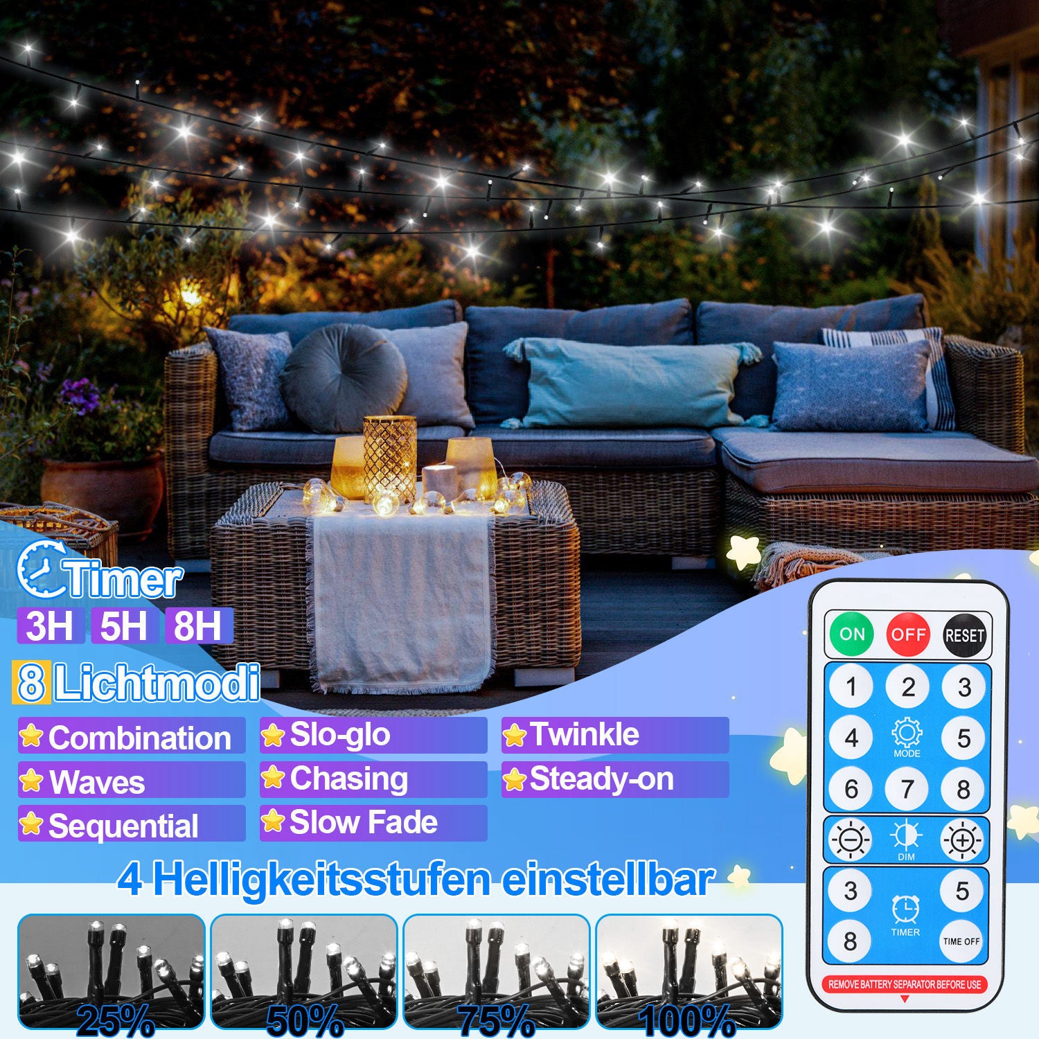 30/50/80/100 Meter lange Solar-Lichterkette für den Außenbereich, 300/500/800/1000 LED-Lämpchen, kaltweißes Licht, USB-Aufladung und Solarstromversorgung, 8 Beleuchtungsmodi und Timer-Funktion, Schutzklasse IP44, geeignet für Garten und Partys