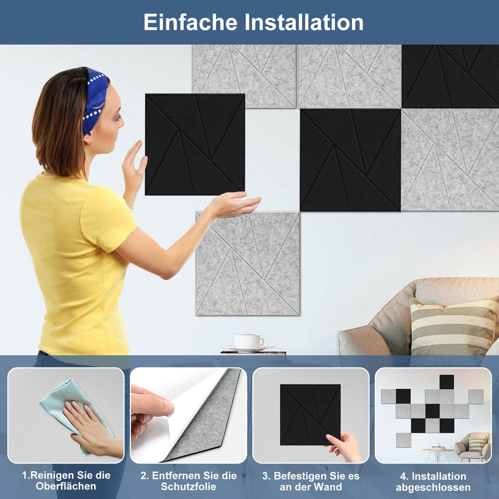12–36 Stück schallabsorbierende Platten, selbstklebend, zweifarbig (schwarz-weiß), hochdichte Schallabsorber, ultradünne Schallabsorber, geeignet für Wandverkleidungen und Schallschutz, ideal für Tonstudios und die Wohnraumgestaltung (30 × 30 × 0,9 cm)