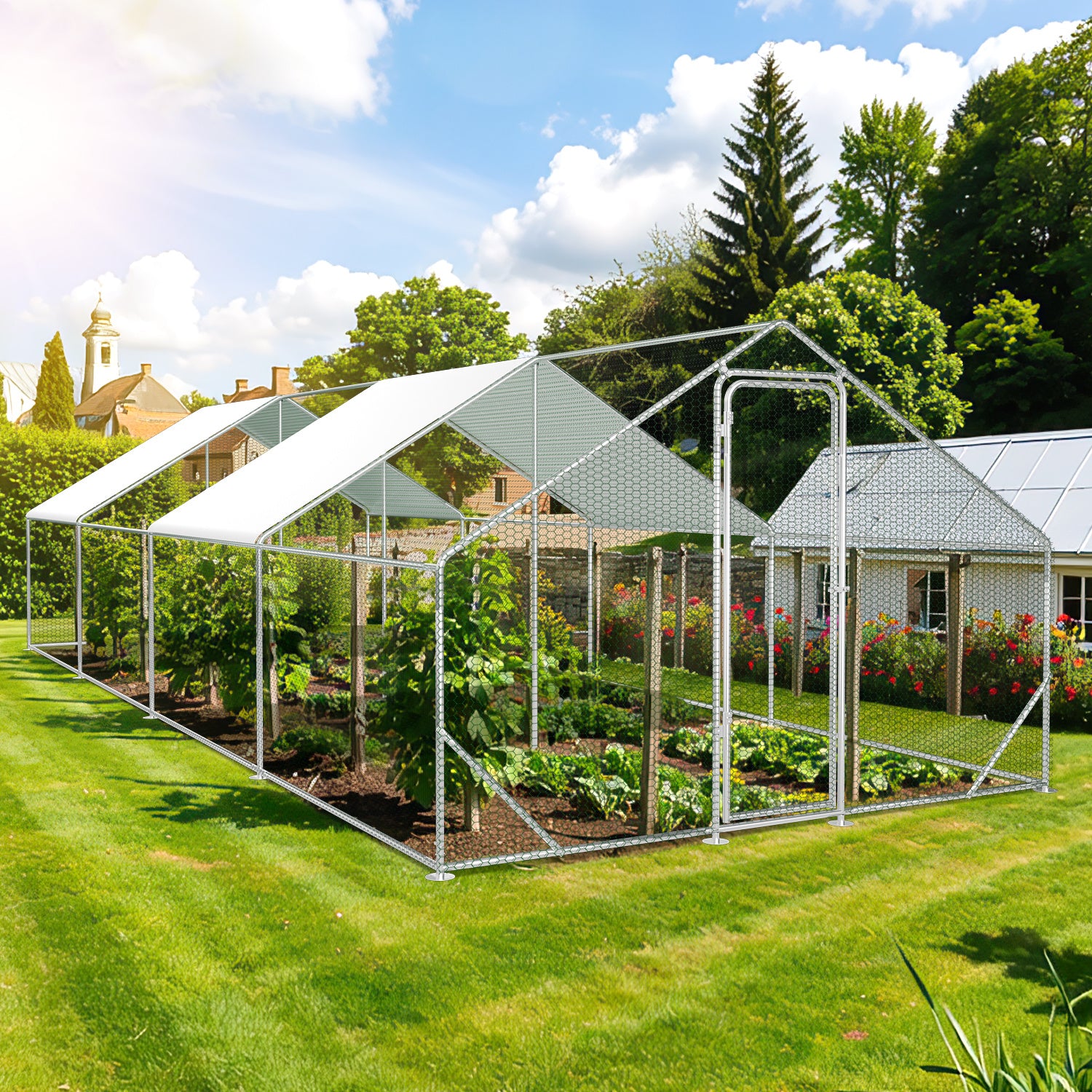 3 × 8 × 2 Meter großer Hühnerstall für den Außenbereich – Geflügelstall aus verzinktem Stahl mit Kuppeldach, geeignet für Hühner, Kaninchen, Gänse, Tauben und Wachteln, mit Metallzaun mit Maschen（副本）