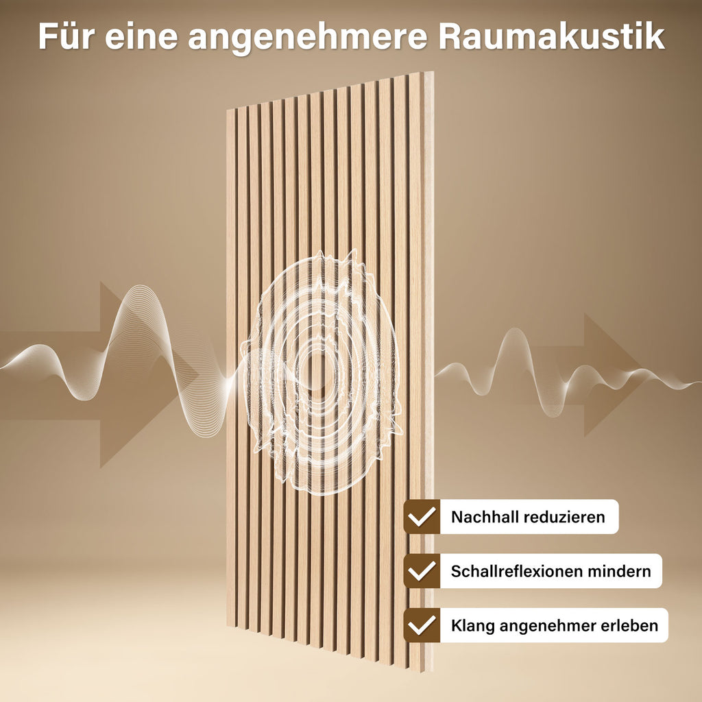 Holz-Akustikplatte 120 x 60 cm, Eiche/Beige | Holz-Akustikplatte mit einer Stärke von 21 mm, bestehend aus MDF-Leisten und 9 mm starkem PET-Filz, geeignet für helle Wohnzimmer, Büros und zur Wandgestaltung in Innenräumen