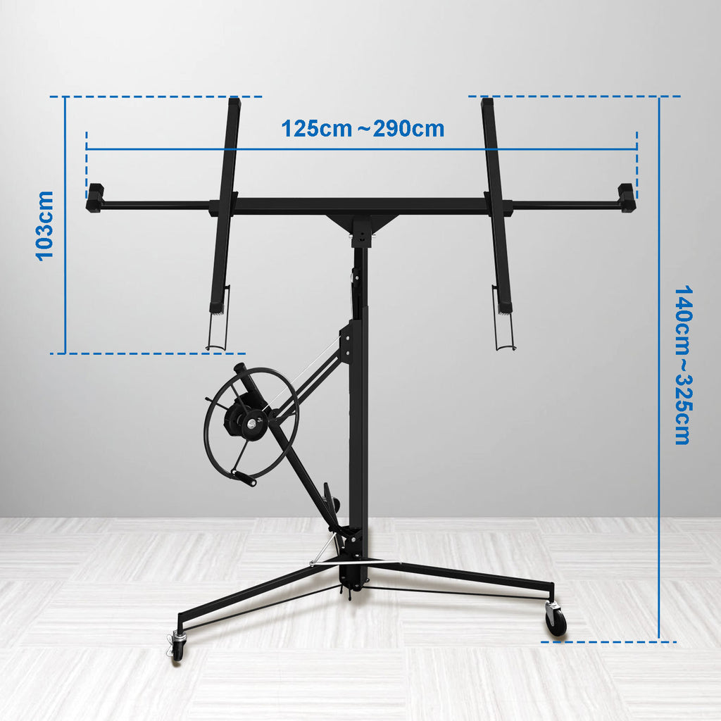 Gipskarton-Hebebühne, zusammenklappbar, XXL-Ausführung, 140 cm – 350 cm, einstellbare Arbeitshöhe, Tragkraft 68 kg, maximale Ausladung für Gipskartonplatten 290 cm