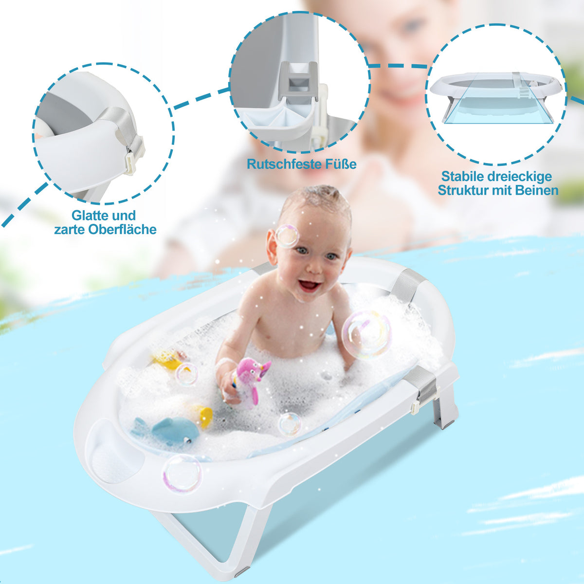 Baby Badewanne mit Ständer 21x48x85CM Badekissen Kinder Faltbare Bad Babywanne Grau