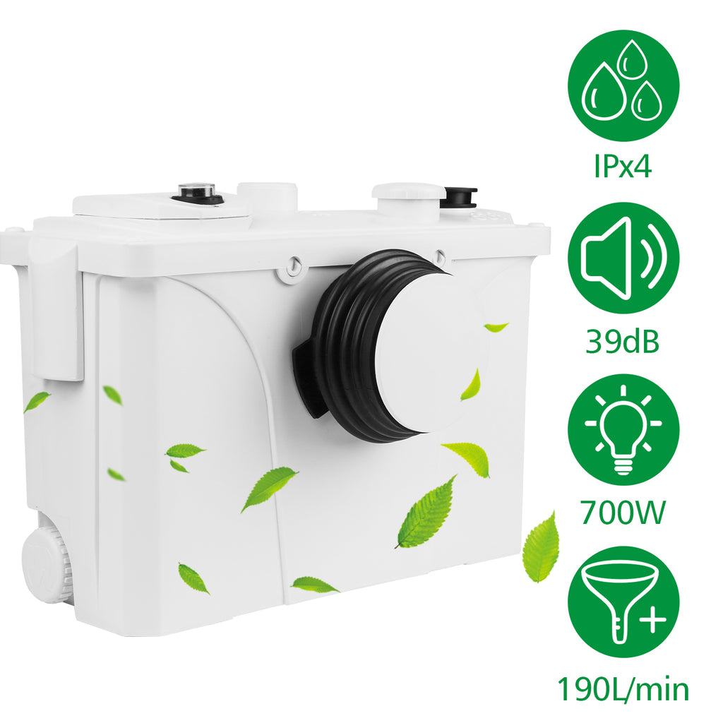 Hebeanlage Schmutzwasserpumpe, 700W Fäkalienpumpe 190L/min Kleinhebeanlage, 4 in 1 Schmutzwasser Abwasser Fäkalien Pumpe für WC Waschmaschine Waschbecken,Sehr Leise