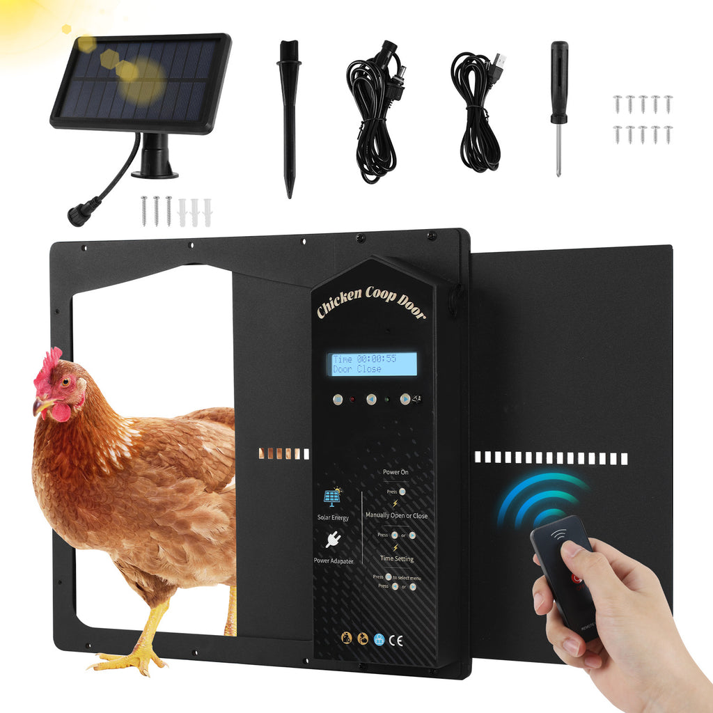 Elektrisches Solartor für Hühnerställe – Automatisches Hühnerstalltore mit Lichtsensor – LCD-Display – Zeitschaltuhr – Fernbedienung – Intelligente Schutzfunktion