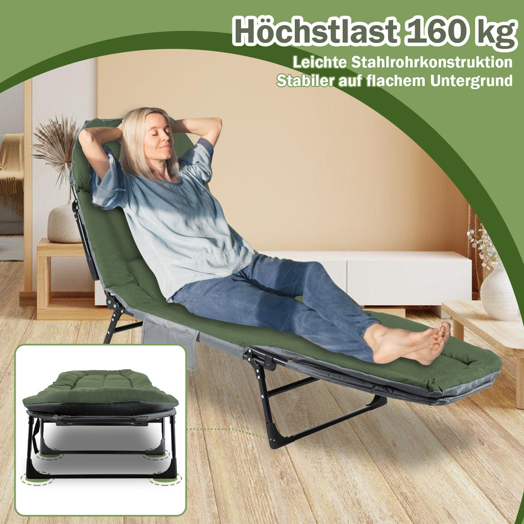 Angel- und Freizeitliege 195 x 65 x 32 cm, Belastbarkeit bis zu 160 kg, Campingliege, höhenverstellbar, klappbares Campingbett, inklusive Aufbewahrungstasche, geeignet für Camping, Angeln und den Garten, grün