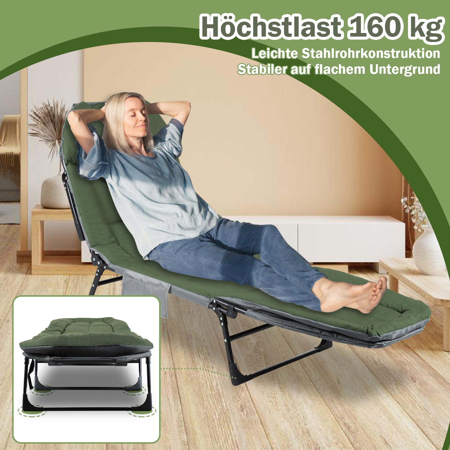 Angel- und Freizeitliege 195 x 65 x 32 cm, Belastbarkeit bis zu 160 kg, Campingliege, höhenverstellbar, klappbares Campingbett, inklusive Aufbewahrungstasche, geeignet für Camping, Angeln und den Garten, grün