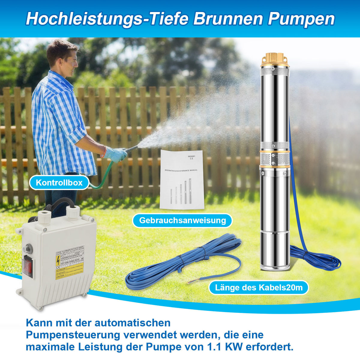 Brunnenpumpe – Tiefbrunnenpumpe mit einer Förderleistung von 4000 l/h, Edelstahl-Wasserpumpe mit einer maximalen Förderhöhe von 81 m und 20 m Kabel, Tauchdruckpumpe mit 8,1 bar, sandtauglich (1,1 kW/1,5 hp)