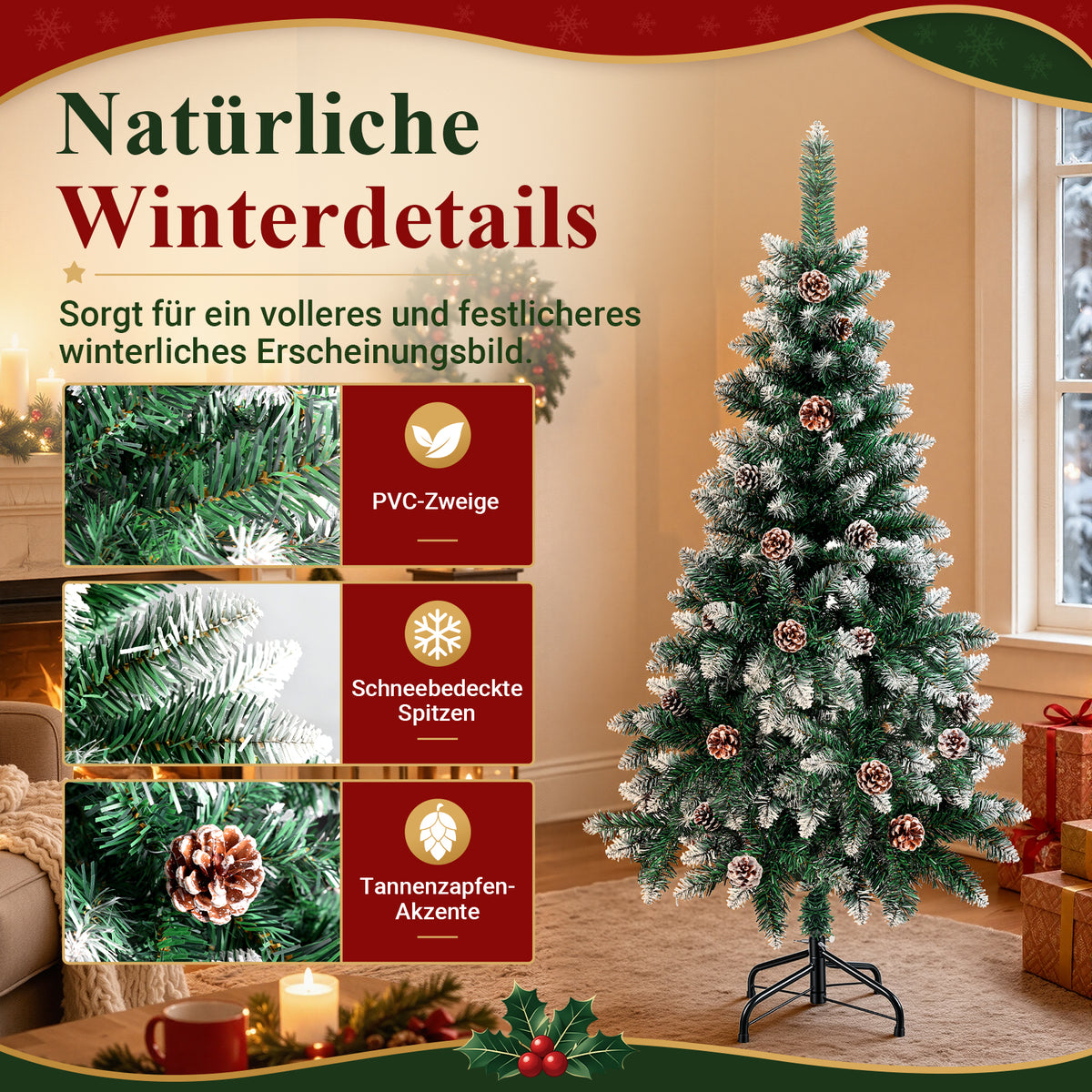 Weihnachtsbaum mit Tannenzapfen, 120/150/180/210 cm; 15 cm lange PVC-Zweige; künstliche Tanne mit Schneelandschaft; inklusive Ständer, einfach aufzubauen, zerlegbar und platzsparend verstaubar