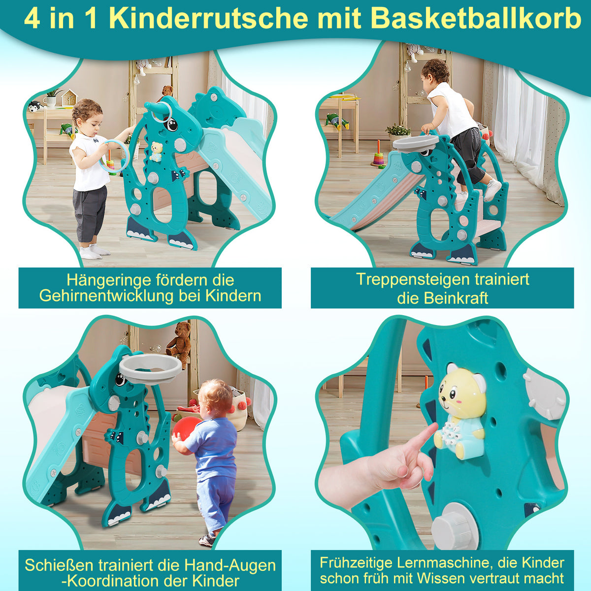 Kinderrutsche, zusammenklappbare Kinderrutsche, stabile Gartenrutsche mit Basketballkorb und Handläufen, lustige Kinderrutsche, für drinnen und draußen geeignete Kleinkindrutsche, grün