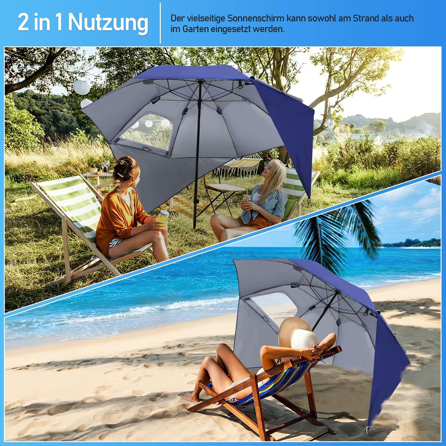 2-in-1-Aluminium-Auslegersonnenschirm – Sonnenschutz, UV-Schutz 50, 210 x 220 cm – Strand-/Garten-Sonnendach – zusammenklappbar, multifunktional, mit Fenster und Tragetasche