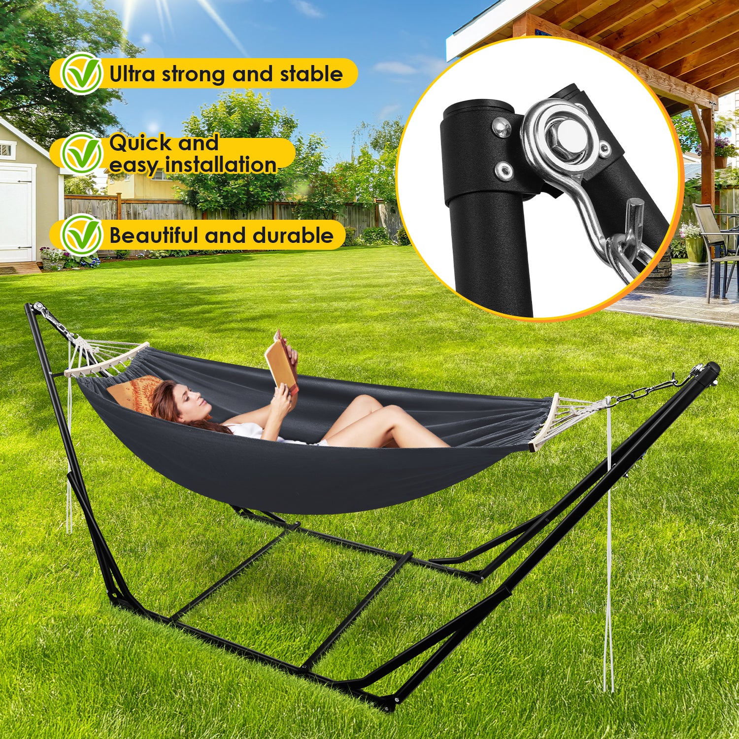 Hängematte mit Gestell, bis 200 kg Belastbar,2 Personen,Klappbar Hängematte Outdoor mit Gestell für Garten,Terrasse,Balkon,mit Tragetasche Metallgestell