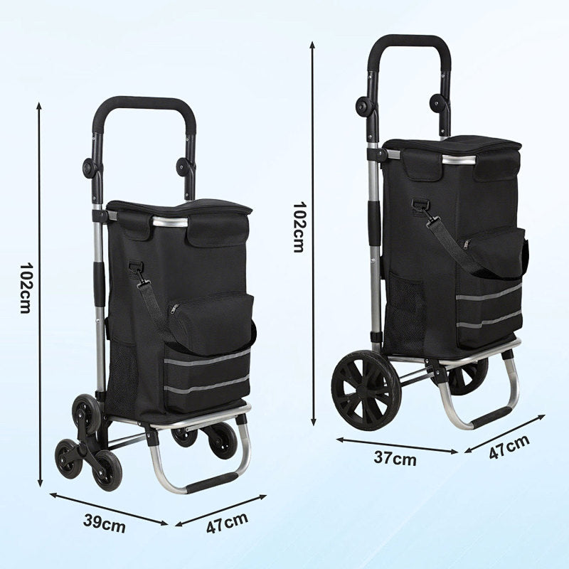 Zusammenklappbarer Einkaufswagen mit Kühlfach, Tragkraft 50 kg, großes Fassungsvermögen, leichter Einkaufswagen mit Rollen, Aluminiumrahmen, mit Reflektoren und Schutzblechen, schwarz