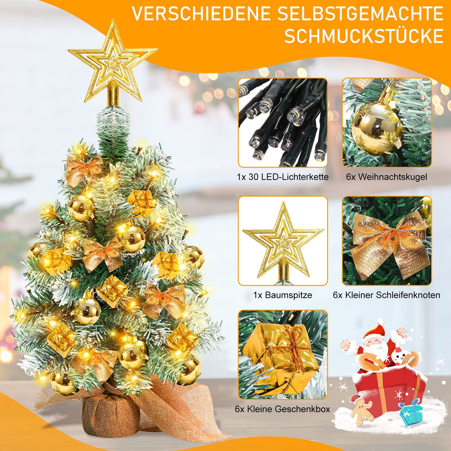 40 cm hoher Mini-Weihnachtsbaum mit LED-Beleuchtung, kleiner künstlicher Tannenbaum, Tannenbaum für den Tisch, mit roten, goldenen und silbernen Christbaumkugeln