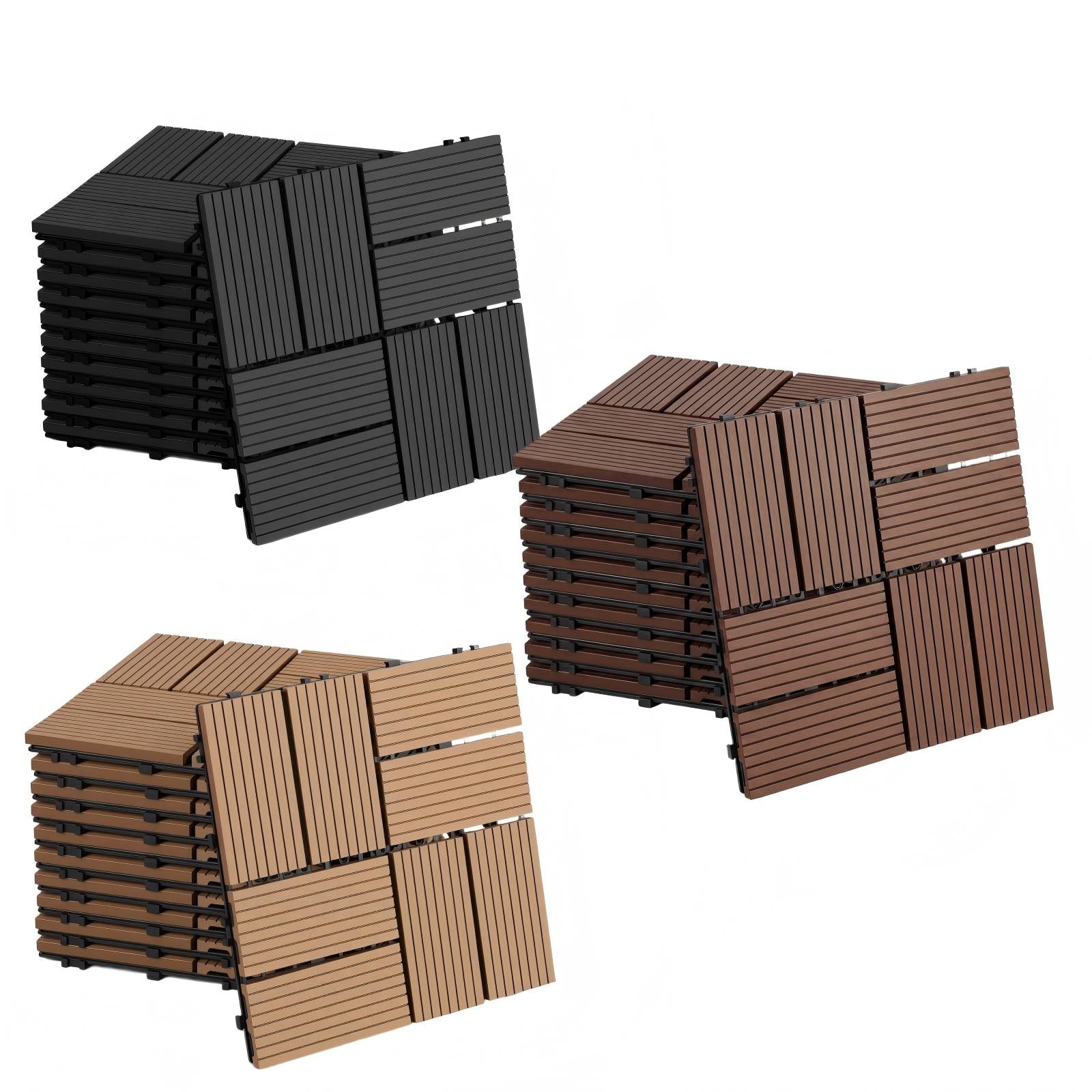 8 Streifen | 30 x 30 cm WPC-Terrassenfliesen 1–5 m², Teakholz-Optik/Rotbraun/Dunkelgrau | Wasserfeste, verlegbare und wasserdurchlässige Fliesen, geeignet für Balkone, Terrassen, Gärten und Außenbereiche