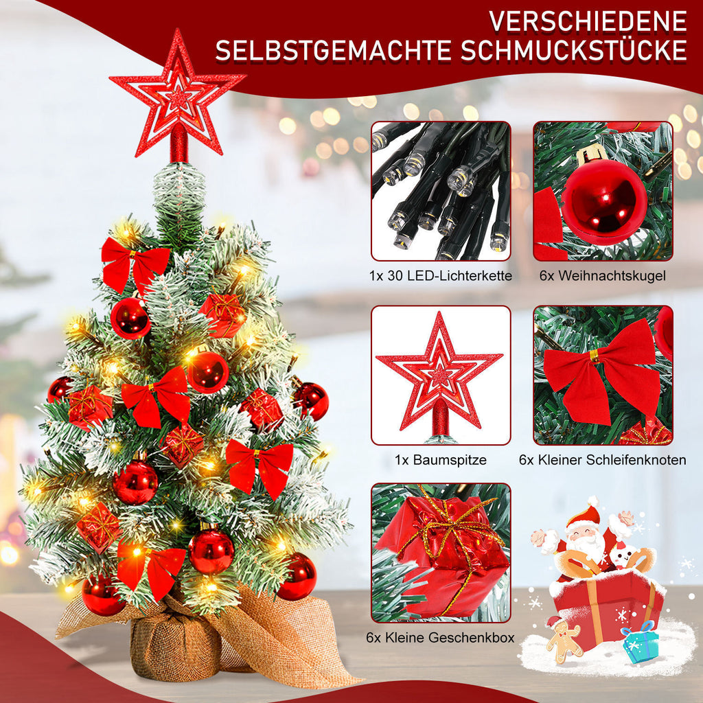 40 cm hoher Mini-Weihnachtsbaum mit LED-Beleuchtung, kleiner künstlicher Tannenbaum, Tannenbaum für den Tisch, mit roten, goldenen und silbernen Christbaumkugeln