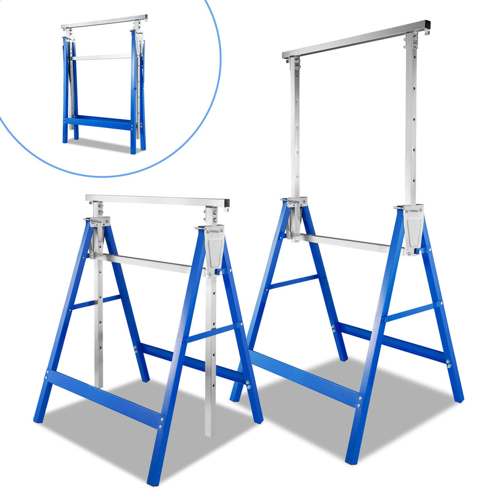 Arbeitsständer, 2er-Set, höhenverstellbar, 7 Stufen (80–130 cm), Gerüstständer, Tragkraft 400 kg pro Paar, klappbare Ständer für Haushalt, Werkstatt und Garten, blau